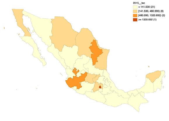 A map of mexico with orange and yellow shades

Description automatically generated