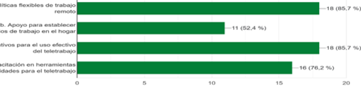 Gráfico de respuestas de formularios. Título de la pregunta: 5. ¿Qué tipo de políticas o apoyo adicional cree usted que serían beneficiosos para promover y gestionar de manera efectiva el Teletrabajo en las empresas de telecomunicaciones? (Selección Múltiple) 
. Número de respuestas: 21 respuestas.